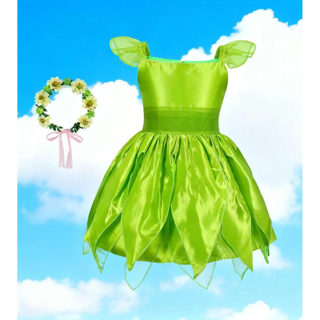 Rochie Tinker Bell for Kids, Set with Butterfly Headband and Wand, Tinker Bell and Peter Pan, Green, 150 cm (11-12 Years)