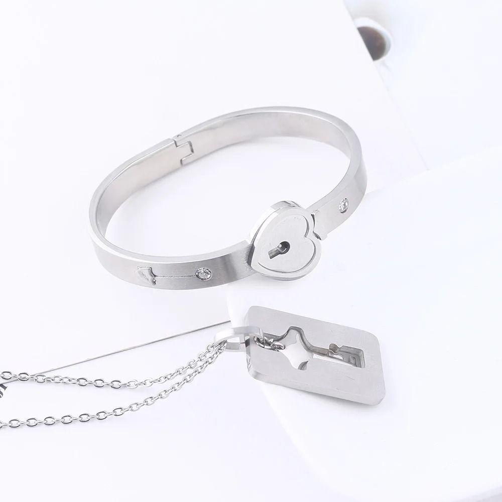 Stainless Steel Heart Lock Bracelets Gold Silver Key Pendant Necklace Jewelry Gift