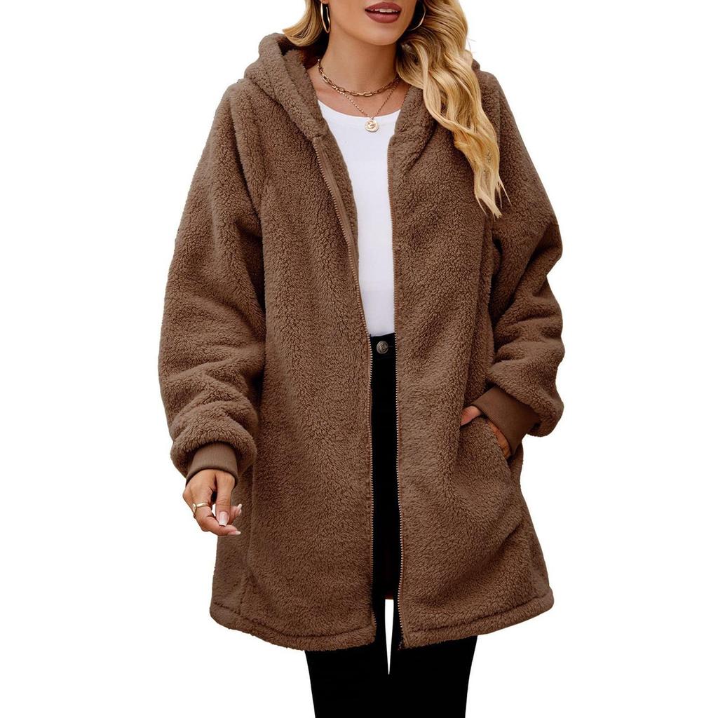 2023 Winter Women's Loose Plush Long-Sleeved Hooded Zipper Cardigan Jacket