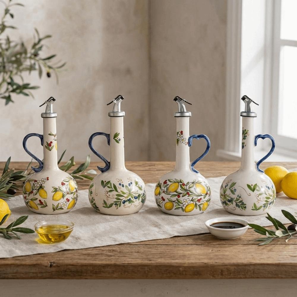 Lemon Pattern Olive Oil Dispenser Hand-painted Ceramic Seasoning Bottle Pantry