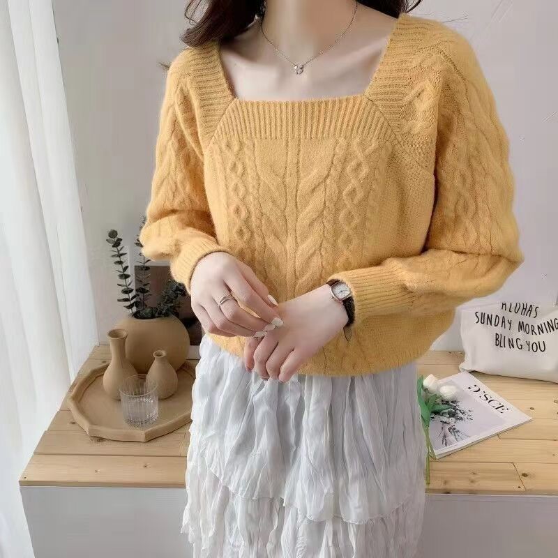 Свитер с жареным тестом по-французски, женский дизайн Sense, осень/зима 2022, новый винтажный короткий вязаный свитер с квадратным вырезом, женский топ