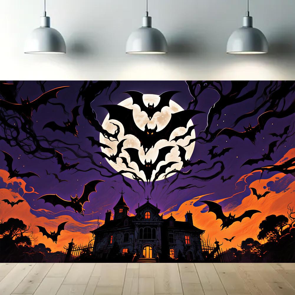 Страшный баннер-фон на Хэллоуин - Замок с летучими мышами и полной луной для вечеринок в помещении/на открытом воздухе, выпускного, декора на Хэллоуин, мероприятия