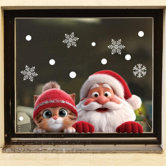 Santa Claus Cat Window Cling Removable Waterproof PVC Winter Merry Christmas Static Glass Sticker Holiday Party Decoration Decal