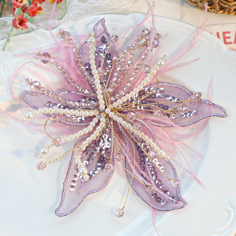 Twisted Wire 3D Organza Flower Patch Feather Pearl Studded Patch Corsage Accessory