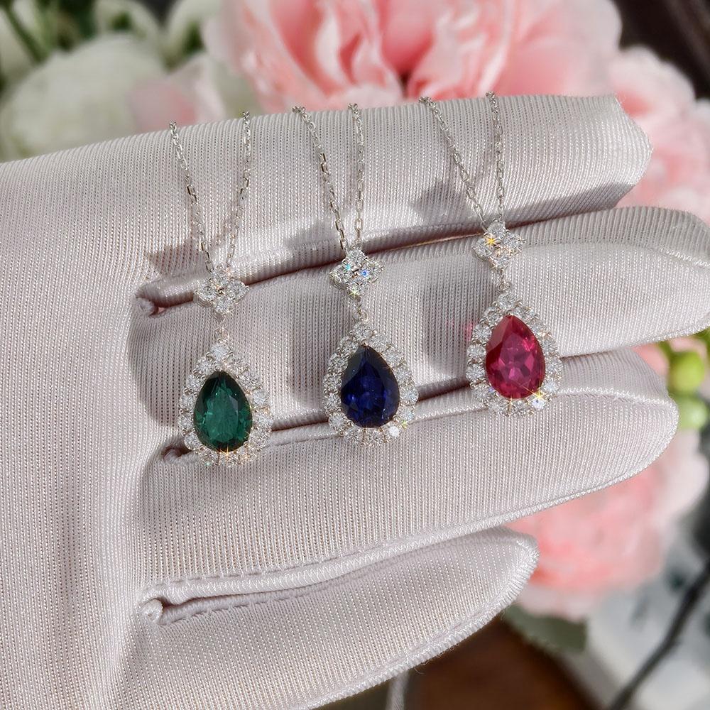 Women 925 Sterling Silver Pear Shape Lab Grown Emerald Ruby Blue Sapphire Necklace Engagement Wedding Waterdrop Pendant Jewelry