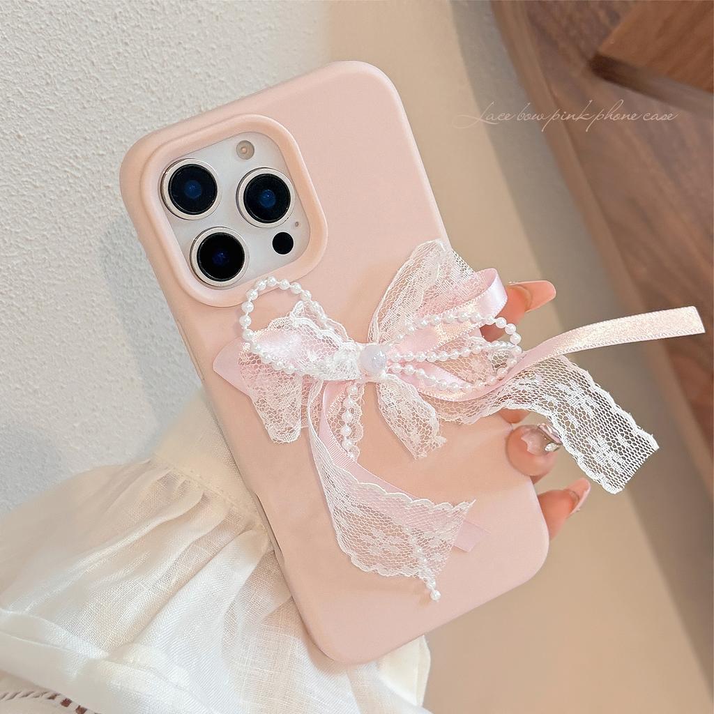 Розовое кружево, жемчужный узел, подходит для iPhone 16, чехол для iPhone 17, 14pro Max, силиконовый, 13, трехмерный, 15