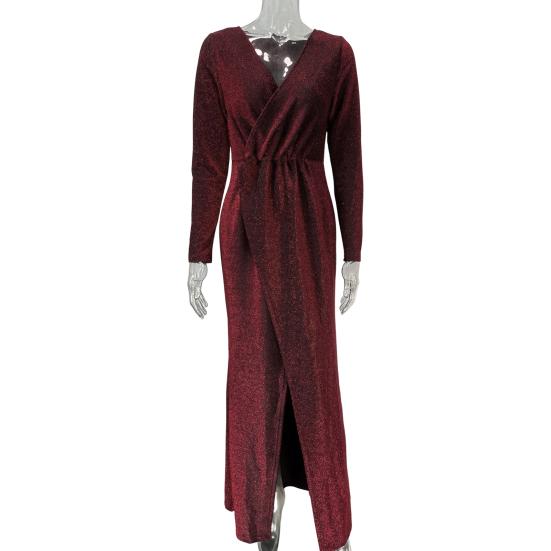 Женское вечернее платье с глубоким V-образным вырезом, декором из пайеток, длинными рукавами, эластичным поясом, плиссированным разрезом по низу, однотонное, для торжественных случаев, свадебных вечеринок, выпускного вечера, макси-платье