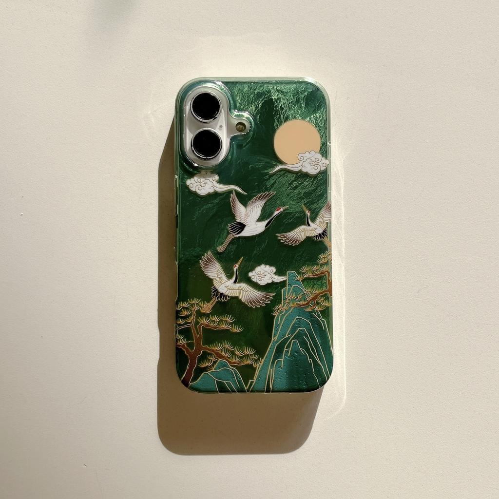 Благоприятный INS Зеленая Гора Китайский Стиль Журавль Кисточка Подвеска Чехол для Телефона для iPhone 17 16 15 14 13 Pro Max Задняя Крышка Телефона