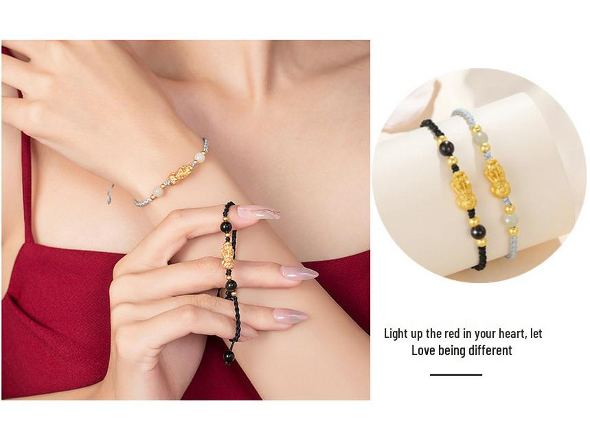 Браслет Пиксю из серебра 999 пробы с нефритом Хэтянь и черным агатом - Унисекс в национальном стиле