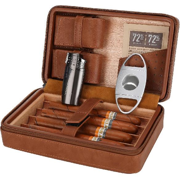Cigar Travel Humidor, Cedar Wood Leather Cigar Case with Cigar Accessories Gift Set, Brown