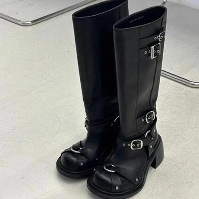 Модные женские ботфорты до колена Модные высококачественные кожаные ботильоны на квадратном каблуке Тренд 2025 Женские длинные сапоги