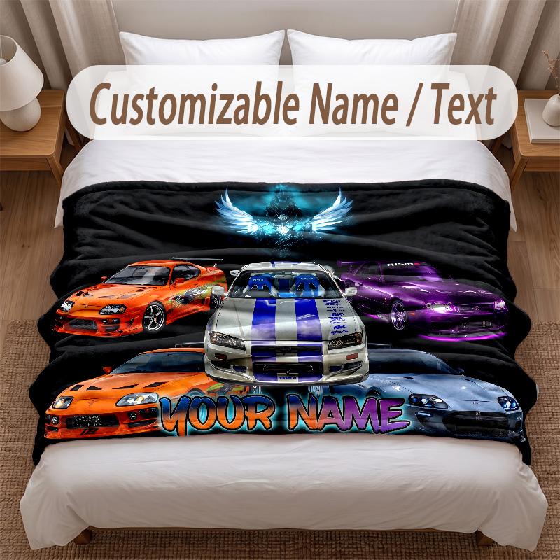 Car Racing Theme Soft Blanket Personalized Custom Name Text Print Warm Blanket Home Sofa Bedroom Decor