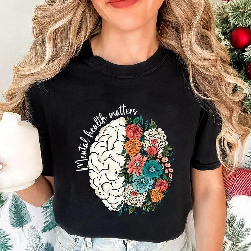 Mental Health Shirt,School Psychologist T-Shirts,Inspirational Tees,Mental Health Awareness Tops,Cute Brain Women's T-Shirt