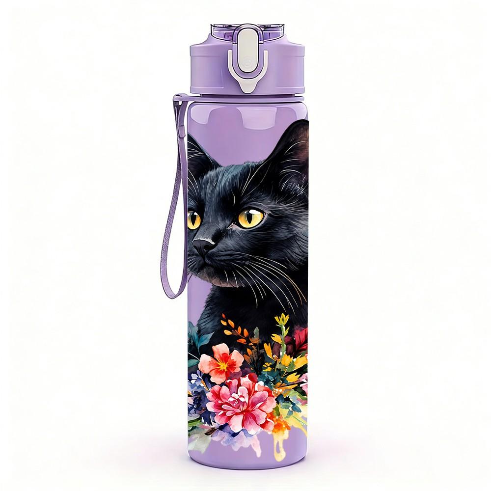 1PC Black Cat Ciao Text Pattern 750ml Color Plastic Sports Water Bottle Leakproof Flip Straw Lid Suitable for Sports Office Home Use