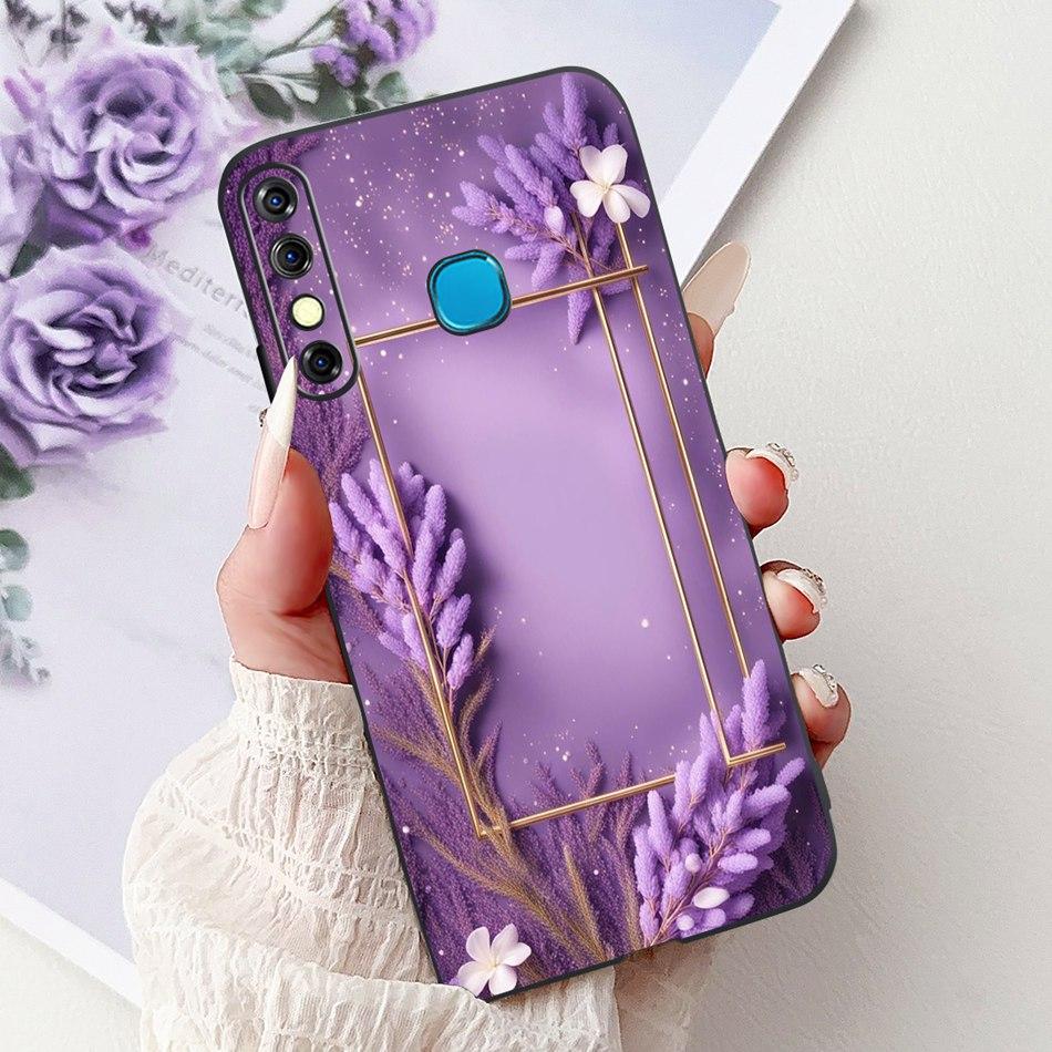 For Infinix Hot 8 Phone Case Hot 8 Lite Hot8 X650 X650C X650B X650D Elegant Floral Cat Pattern Black Silicone Soft TPU Cases