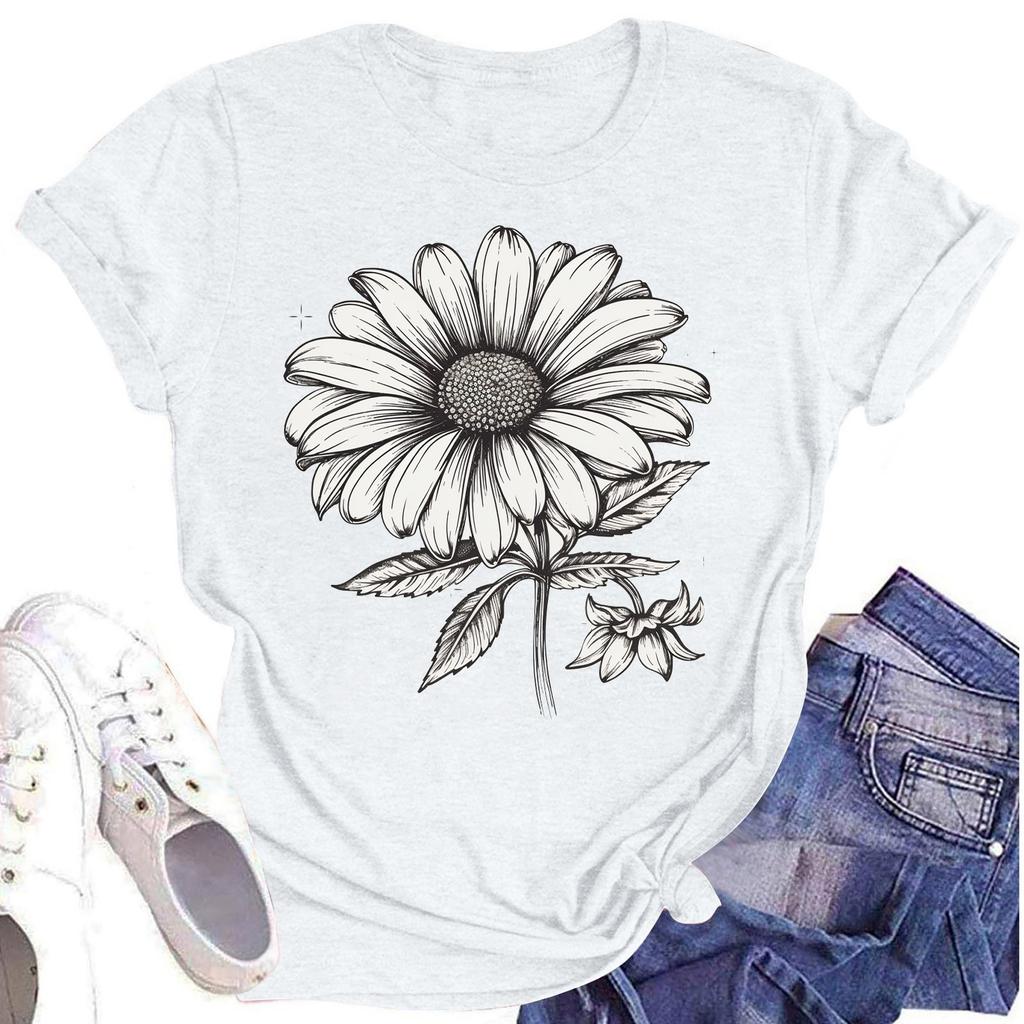 Женская повседневная футболка с круглым вырезом и цветочным принтом, короткий рукав