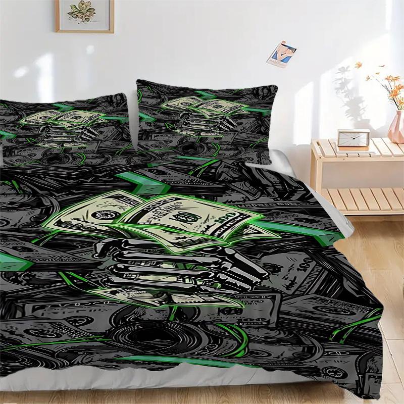 3pcs Anime Cartoon Design Dollar Bill Money Stack Bedding Set - Includes One Quilt Cover and Two Pillowcases (No Core) - Home Decor, Holiday Gift, Pol