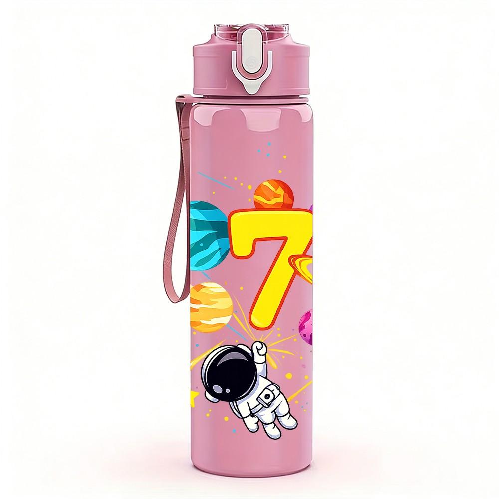 1PC Color Number 7 Balloon Party Print 750ml Color Plastic Sports Water Bottle Leakproof Flip Straw Lid Suitable for Sports Office Home Use