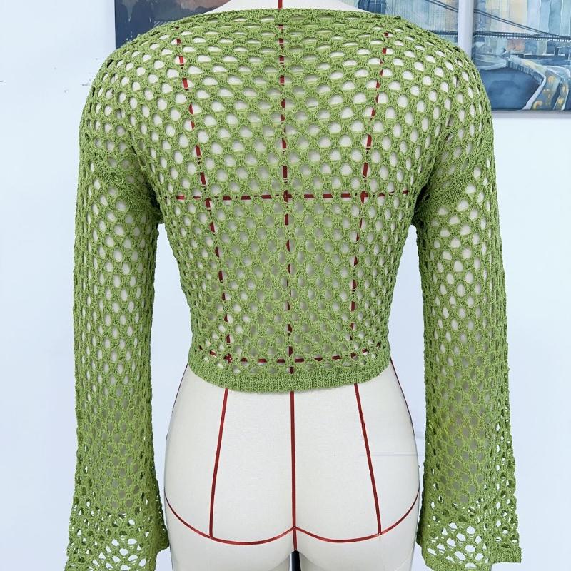 Летняя свободная трикотажная блузка с открытыми плечами, женские повседневные рубашки с расклешенными рукавами и круглым вырезом для женщин, модные элегантные однотонные укороченные топы 24123