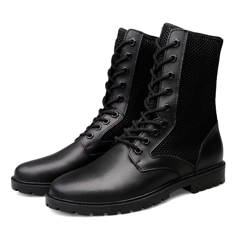 Cotton High-top Tall Cowhide Martin Boots Flat-bottomed Round Boots Work Outdoor Lace-up Side Zipper Hollow Boots Men
