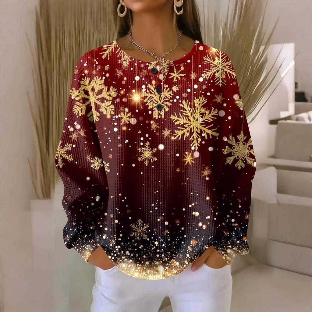 Women's Fashionable Casual Christmas Print V-Neck Long-Sleeved Button-Down Blouse