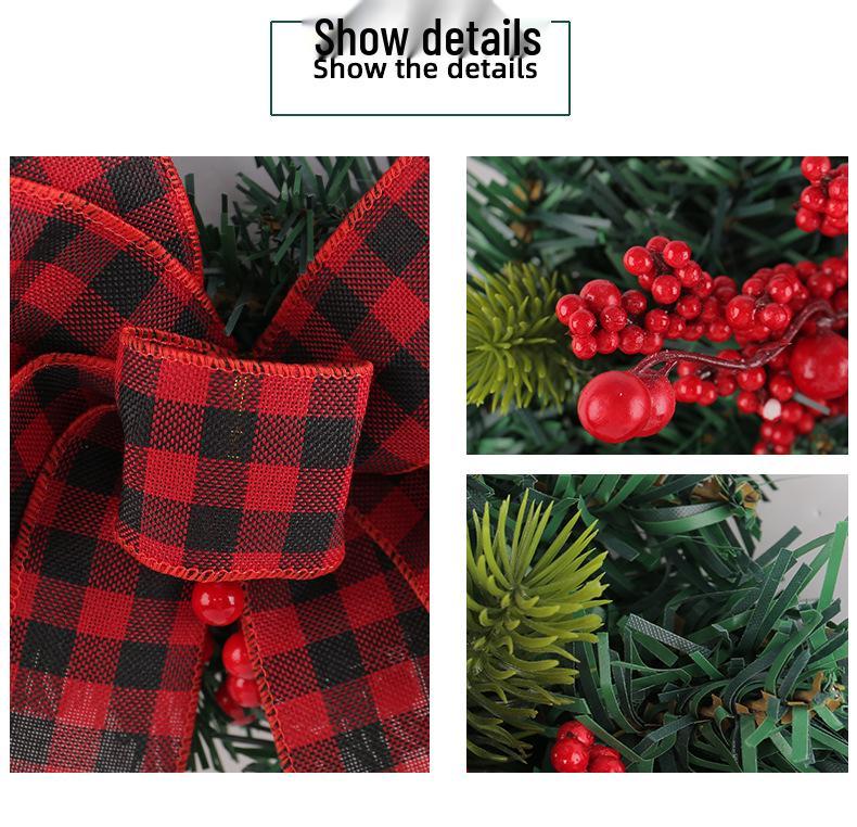 Cross-border Red & Black Plaid Christmas Wreath with Bow & Artificial Berries - Country Style Door Decor
