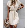 YYFS Women's Fashion Summer Spring Solid Color Print Short Sleeve V-Neck High Waist Casual Dresses