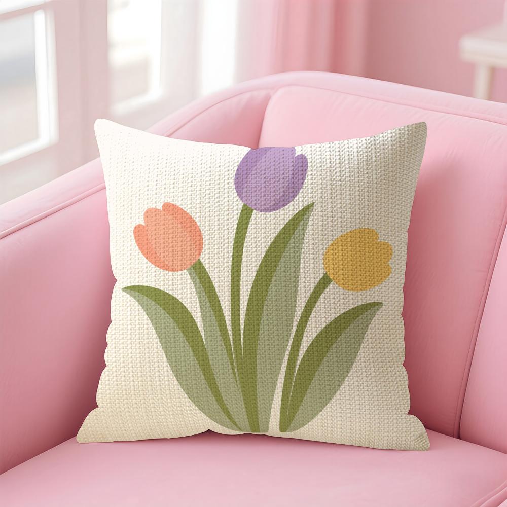 Tulip Flower Cushion Cover Natural Linen Organic Fabric DoubleSided Printing Sofa Home Decor Gift Pillow Case