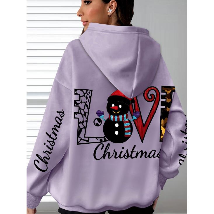 Christmas Hoodie Women, Snowman Print, Long Sleeve, Kangaroo Pocket, Drawstring, Casual Pullover, LOVE Christmas