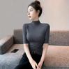 Korean Style Slim Fit Semi-High Neck Solid Color T-Shirt for Women - Autumn/Winter 2024