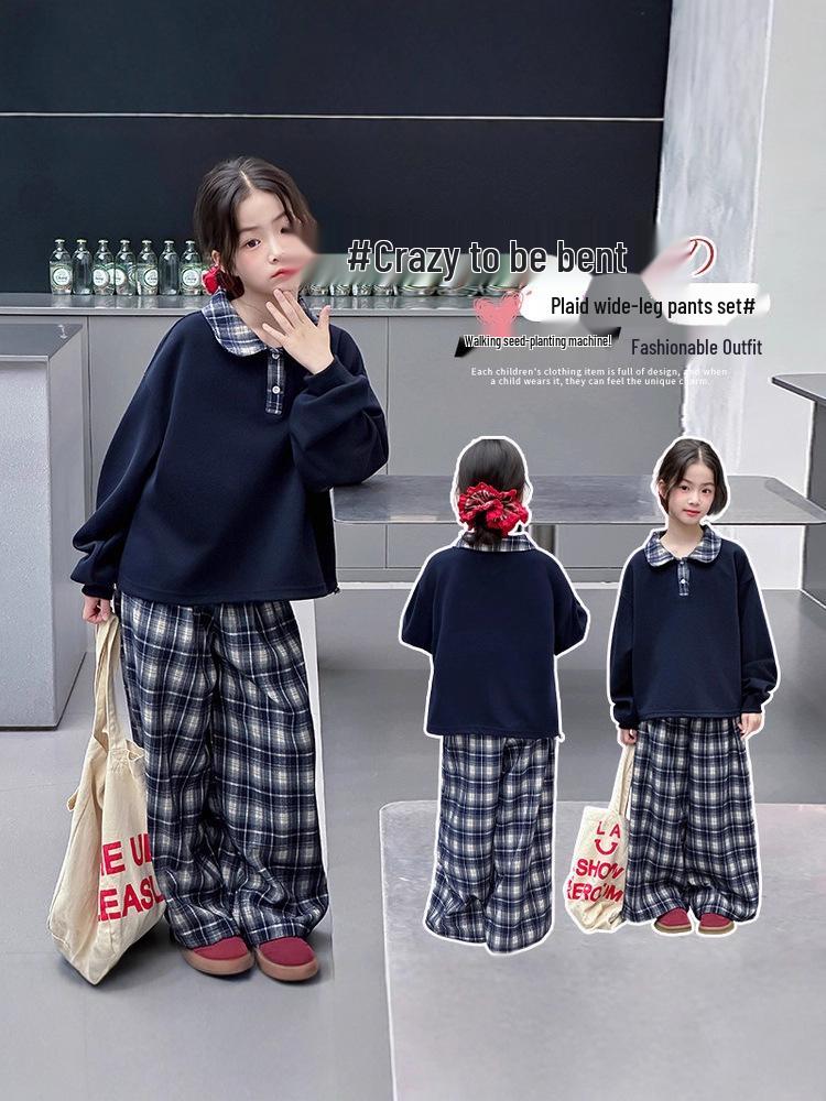 2025 New Early Autumn Girls' Turn-Down Collar Sweatshirt Set for Middle School