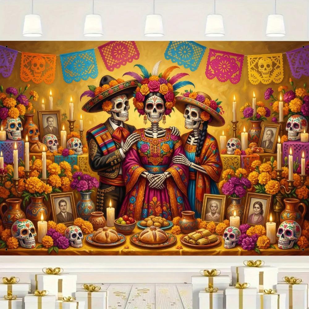 Day of The Dead Colored Sugar Skull Theme Banner Background Day of The Dead Party Home Decoration Photography Background Cloth