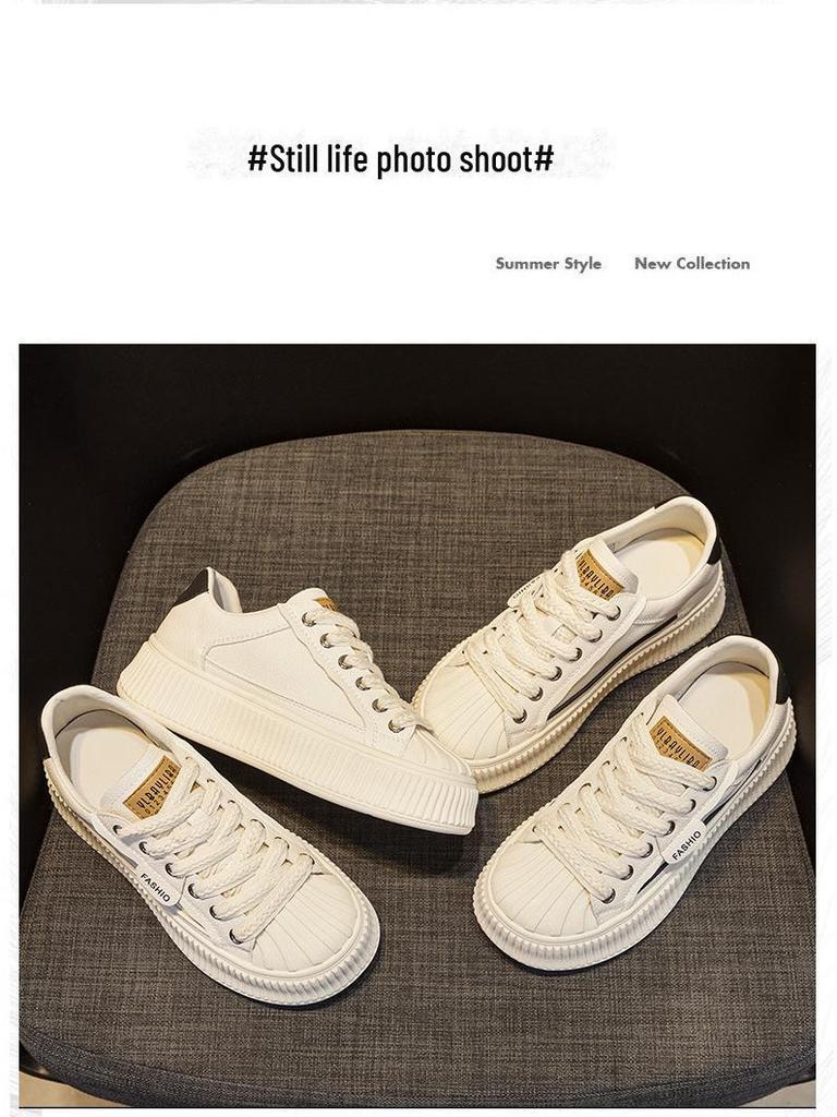 Весна 2025 г. Женские белые кроссовки из натуральной кожи с ракушечным носком и толстой подошвой