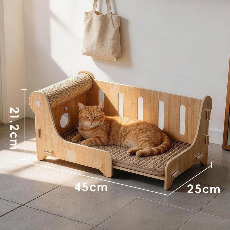 Large Wooden Cat Bed With Sisal Scratching Post Lounge Sofa Furniture For Indoor Pets Living Room Summer Cooling Pet Supplies