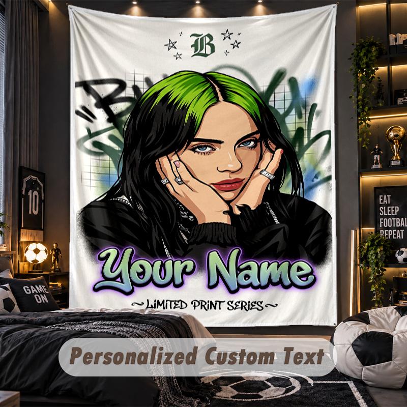 Personalized Wall Tapestry,Billie Eilish Custom Printed Name, Fabric Wall Art For Indoor Room Backdrop