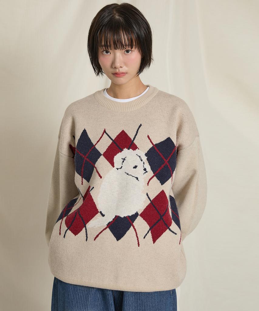 WAIKEI Maltese Argyle Crewneck Knit Oatmeal