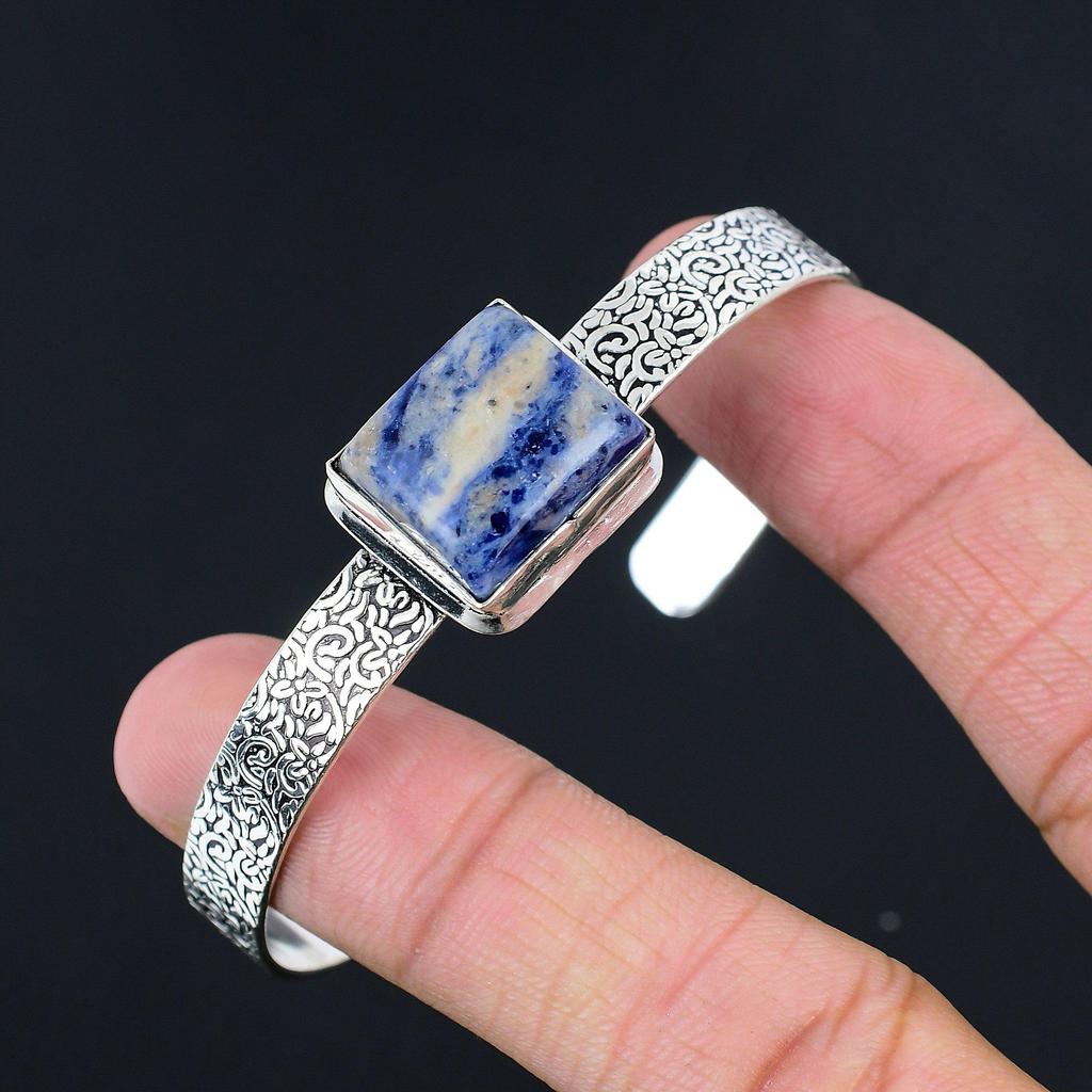 Birthday Gift For Her Natural Sodalite Gemstone Bangle Adjustable 925 Silver