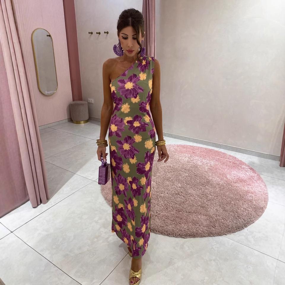 Модное платье с принтом на одно плечо для европейских и американских женщин