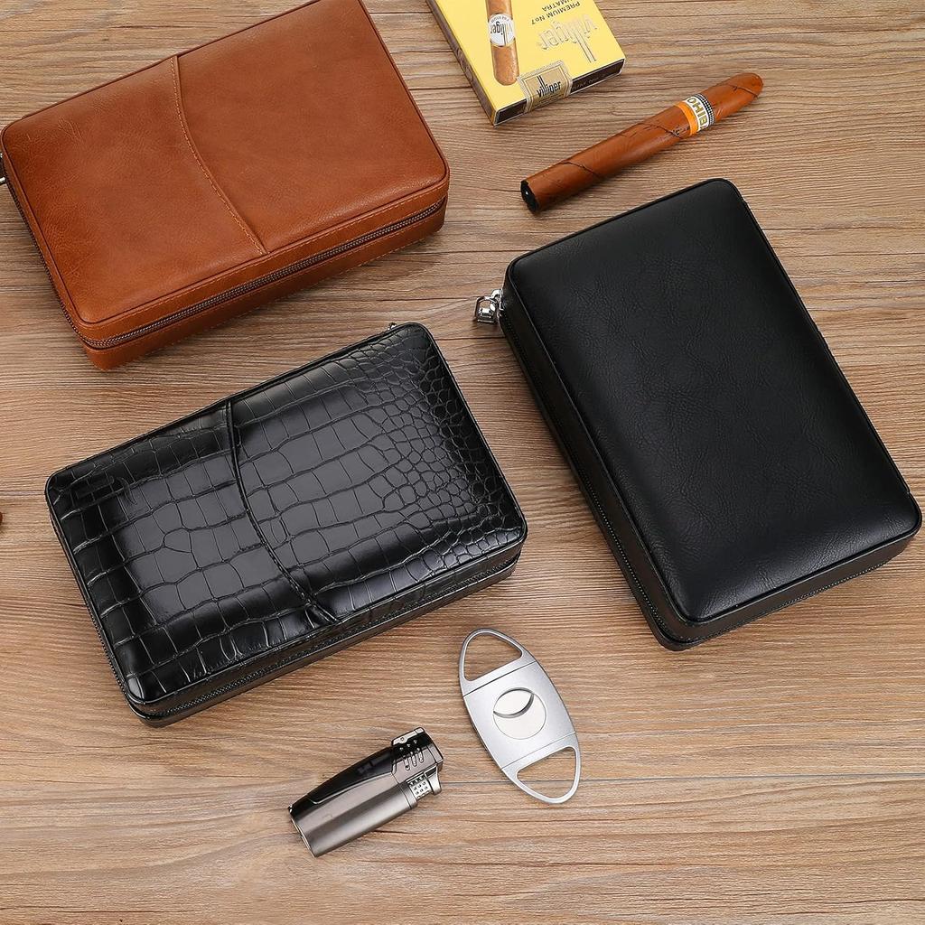 Cigar Travel Humidor, Cedar Wood Leather Cigar Case with Cigar Accessories Gift Set, Brown