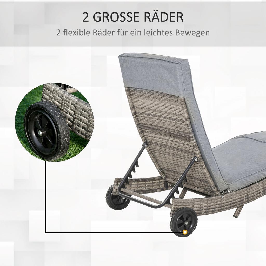 Poly Rattan Sun Lounger Garden Lounger with Cushion 5-Level Adjustable Rattan Lounger Garden Furniture Lounger S-Shape Metal Grey 207 x 70 x 70 cm