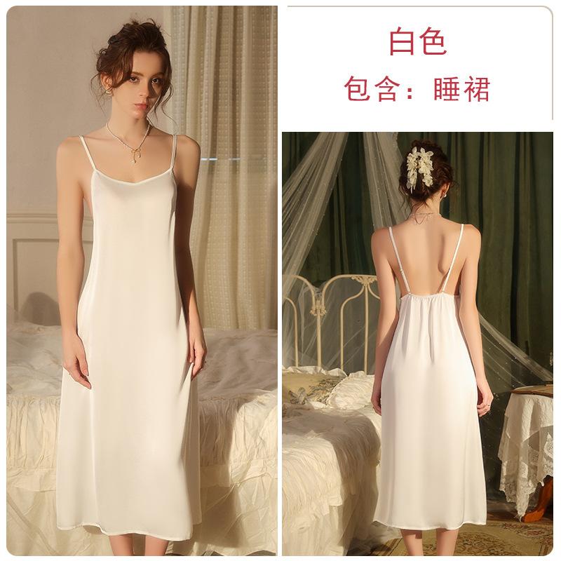 Women's Solid Silky Satin Deep V Slim Backless Long Cami Sleep Dress with Robe Lounge Set