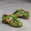 Johnature Genuine Leather Hand Woven Breathable Sandals Retro Round Toe Low Heel Women's Shoes