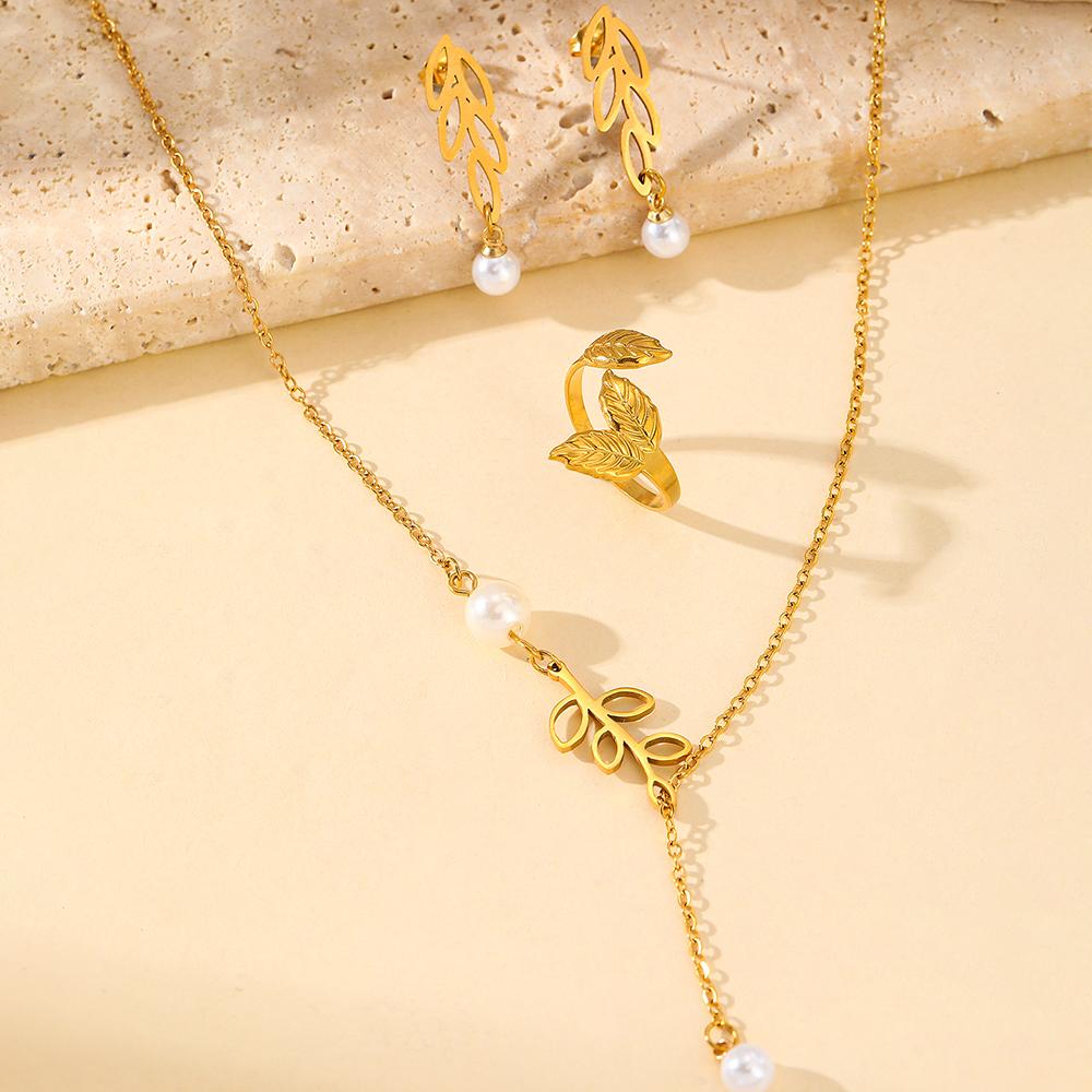 Stainless Steel Zircon Set Leaf Zircon Earrings Zircon Necklace Size Adjustable Leaf Ring Zircon Set For Women Zircon New Style