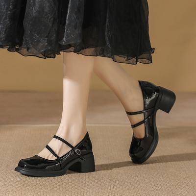 2025 новая весна и лето женские туфли на высоком каблуке французские с мелким вырезом простые ретро классические Мэри Джейн толстый высокий каблук женские туфли