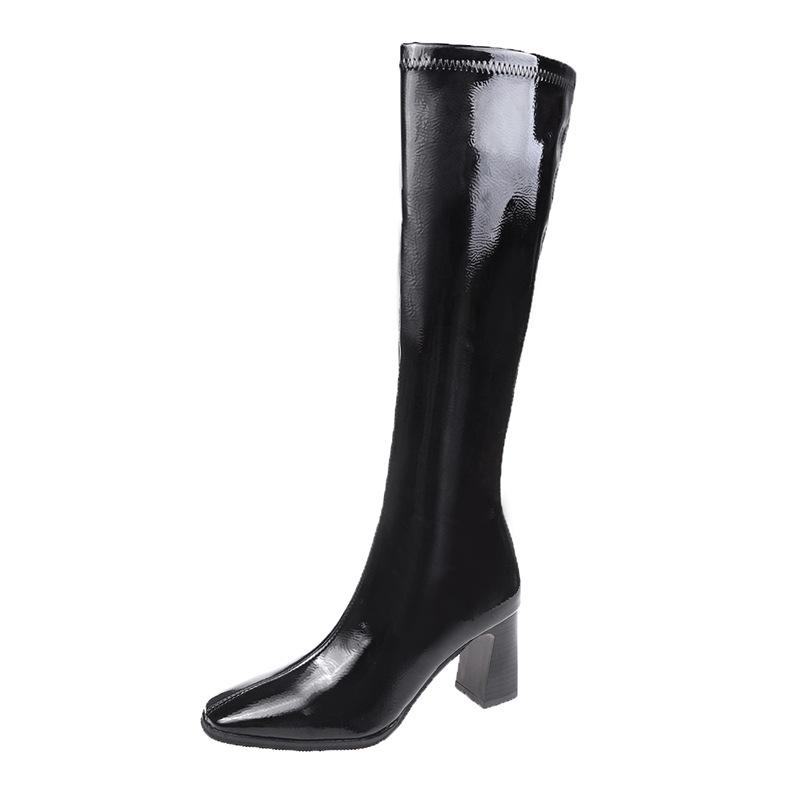 Women's Shiny High-Top Chunky Heel Knight Boots, New for Autumn/Winter 2022, Square Toe Design.
