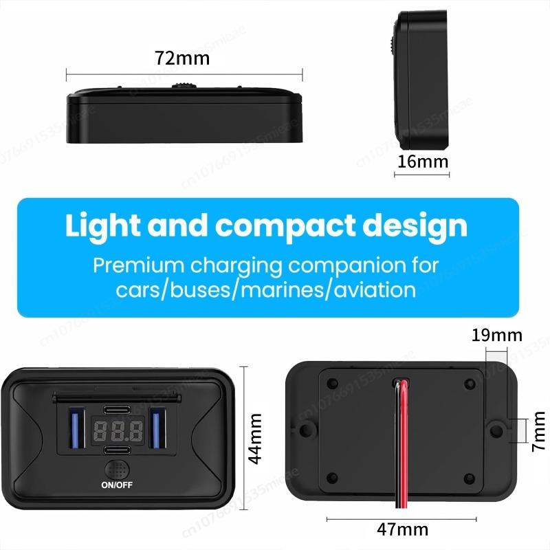 78W 4 Port 12V USB Outlet Wall Mount Dual 36W PD & Dual 18W QC3.0 Charger Socket Panel with Voltmeter,Switch and C To C Cable