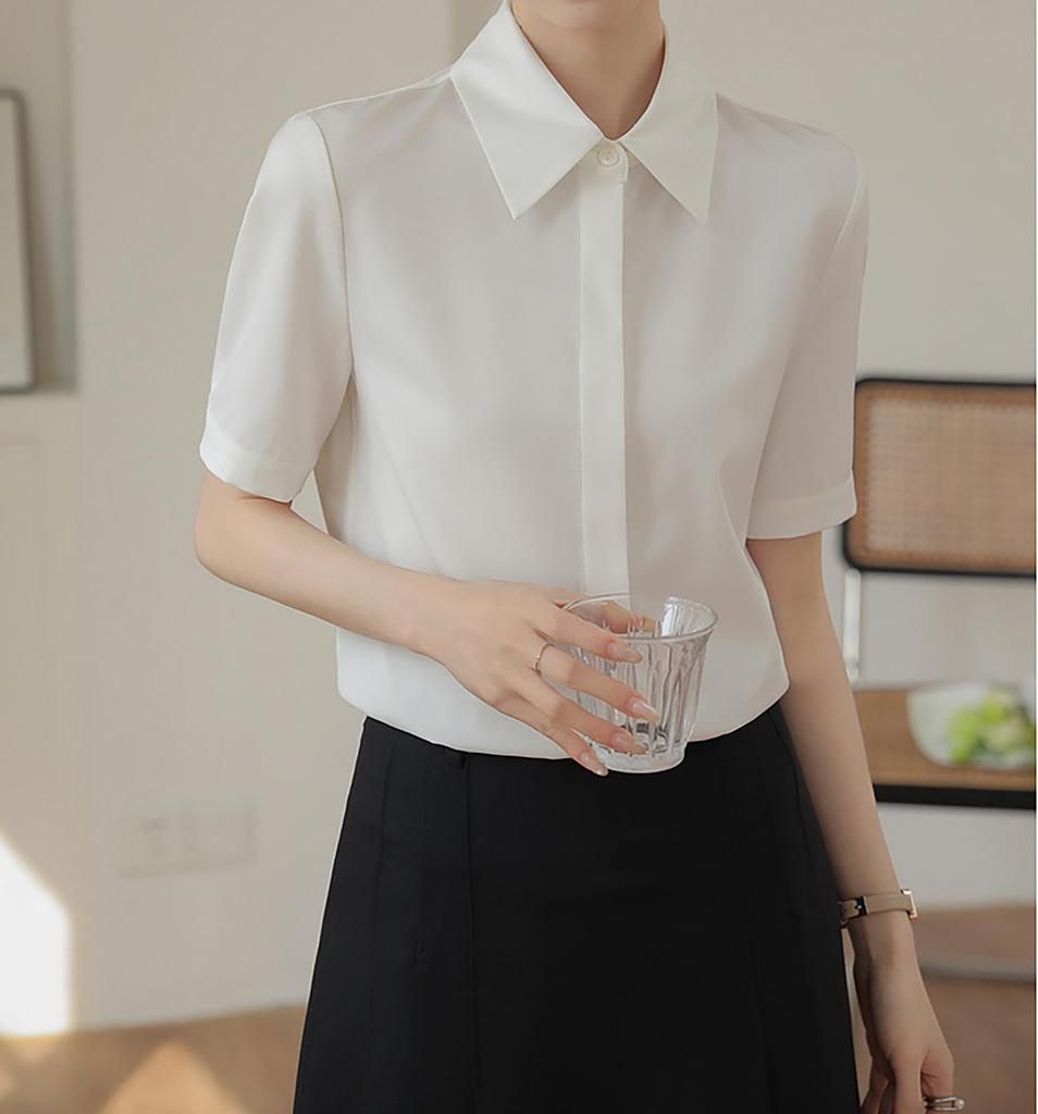 Shirt Blouse Short Sleeve Silky Dress Shirt Summer Loose Fit Large Size No Iron Washable Neat Plain Simple Body Cover Slimming Office Casual Fashion