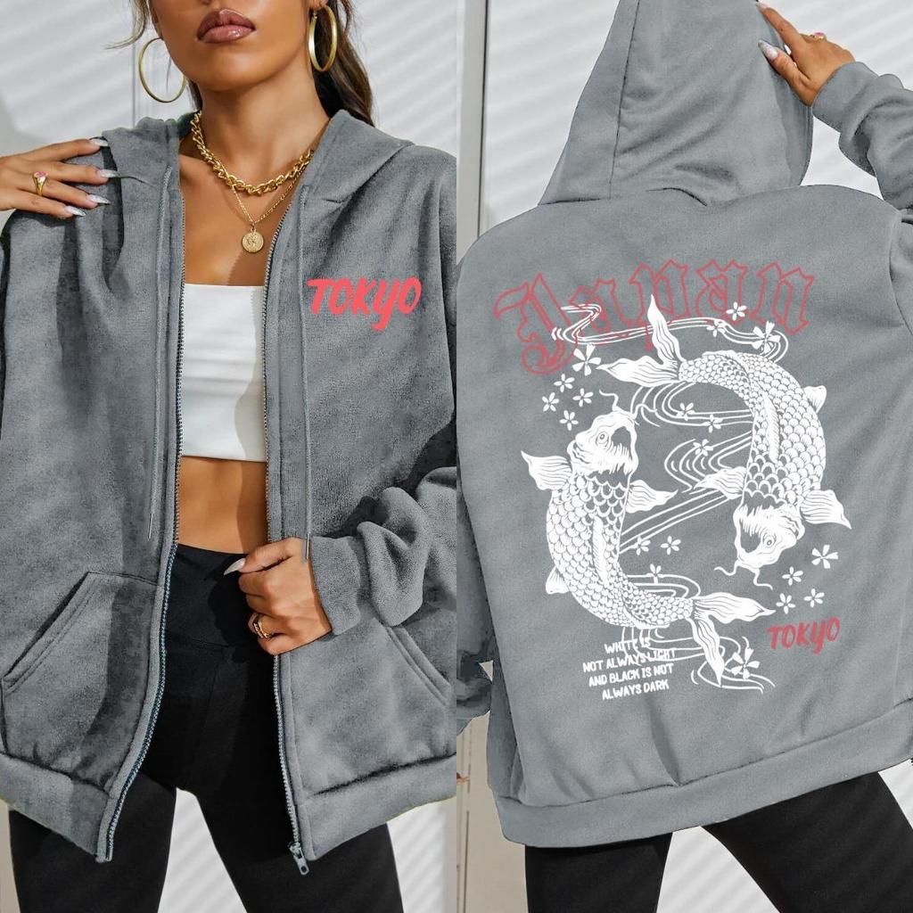 Япония Токио Харадзюку Худи с принтом карпов кои Женские Мягкие Спортивные Костюмы Уличные Толстовки на Молнии Осень Флис Повседневная Спортивная Одежда