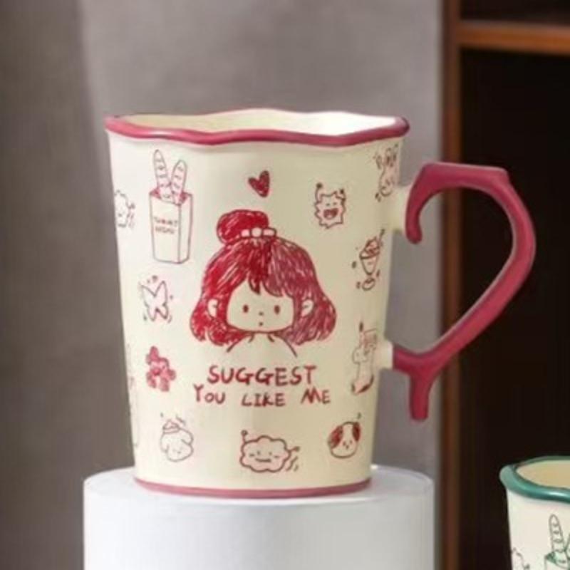 Креативная Персонализированная Пара с Крышкой и Ложкой Керамическая Чашка Высокого Внешнего Вида Большая Вместимость Кружка для Маленького Подарка для Девочек Чашка для Воды для Домашнего Использования