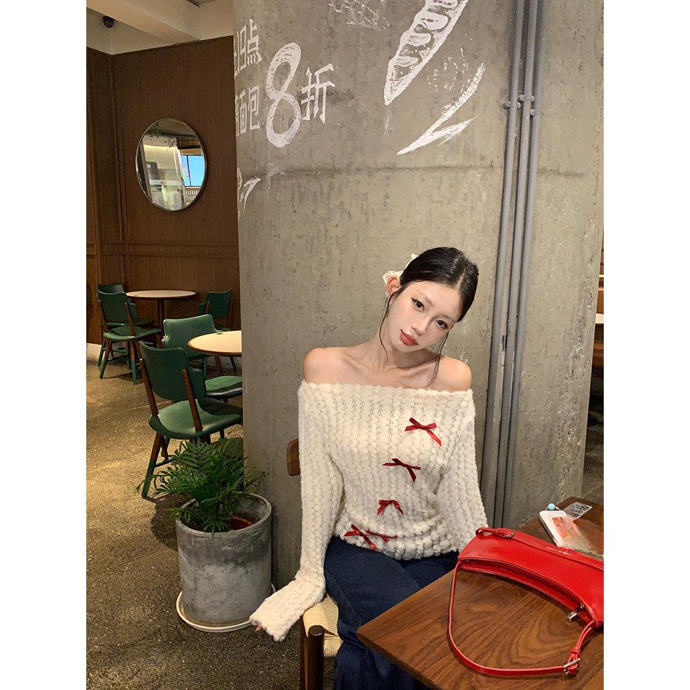 Милый бант вязаный пуловер женский с открытыми плечами сексуальный длинный рукав свитера корейский стиль кавайный осень зима пуловеры